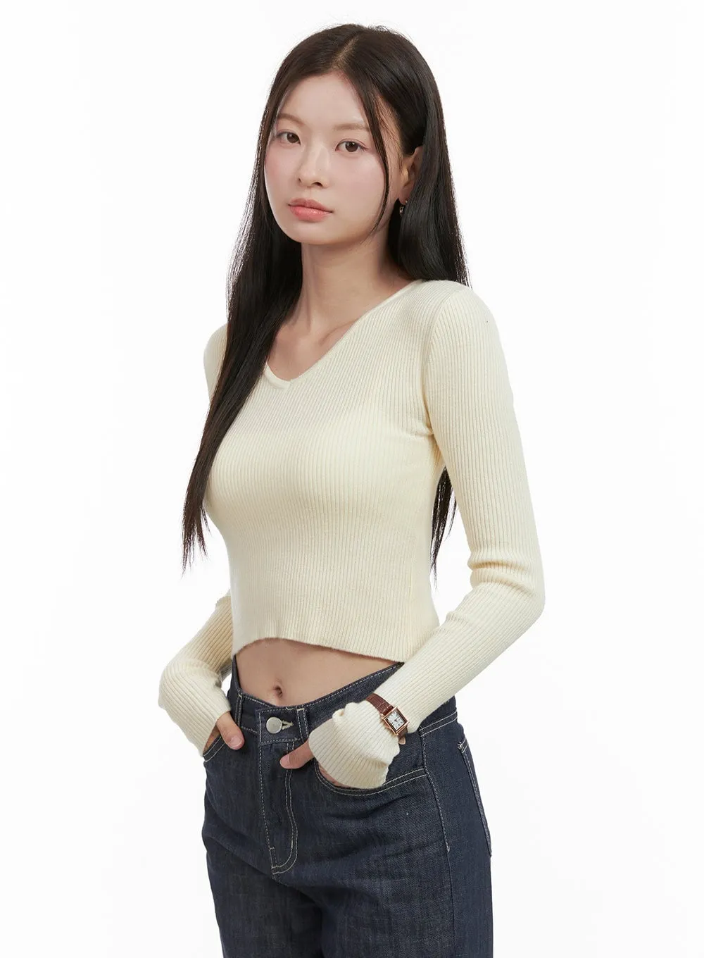 V-Neck Slim Crop Long Sleeve Top OG416