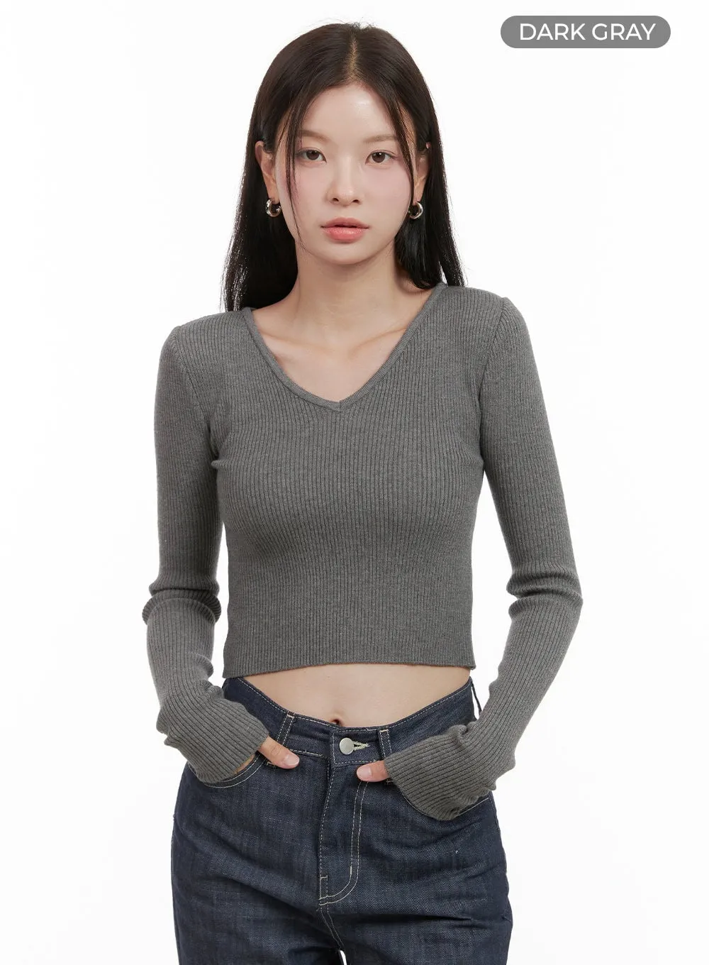 V-Neck Slim Crop Long Sleeve Top OG416