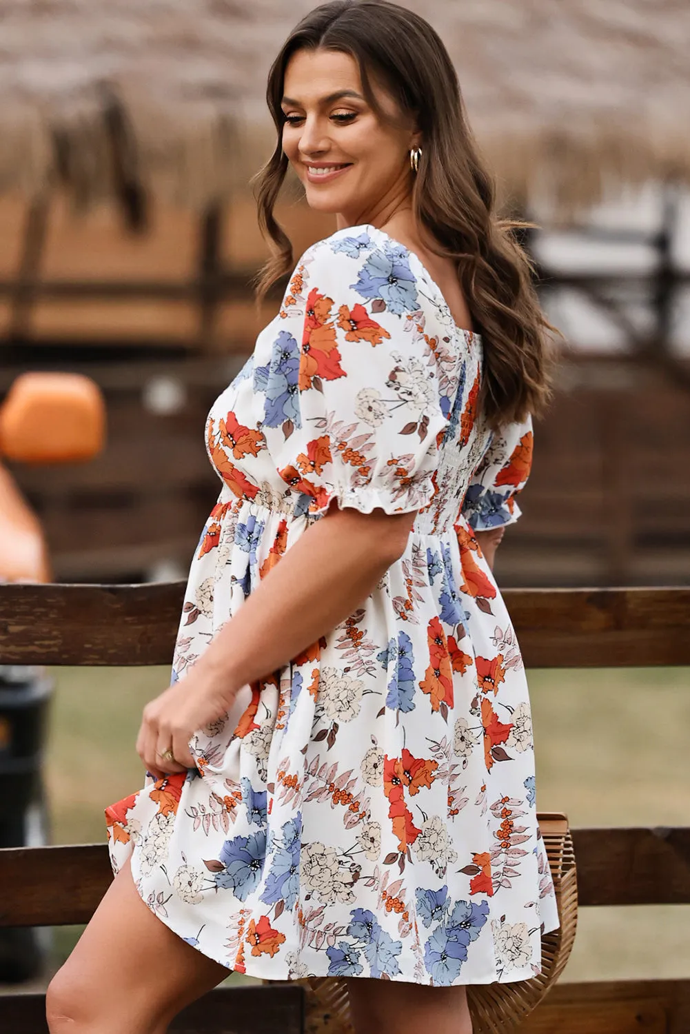 White Floral Smocked Flared Plus Size Dress