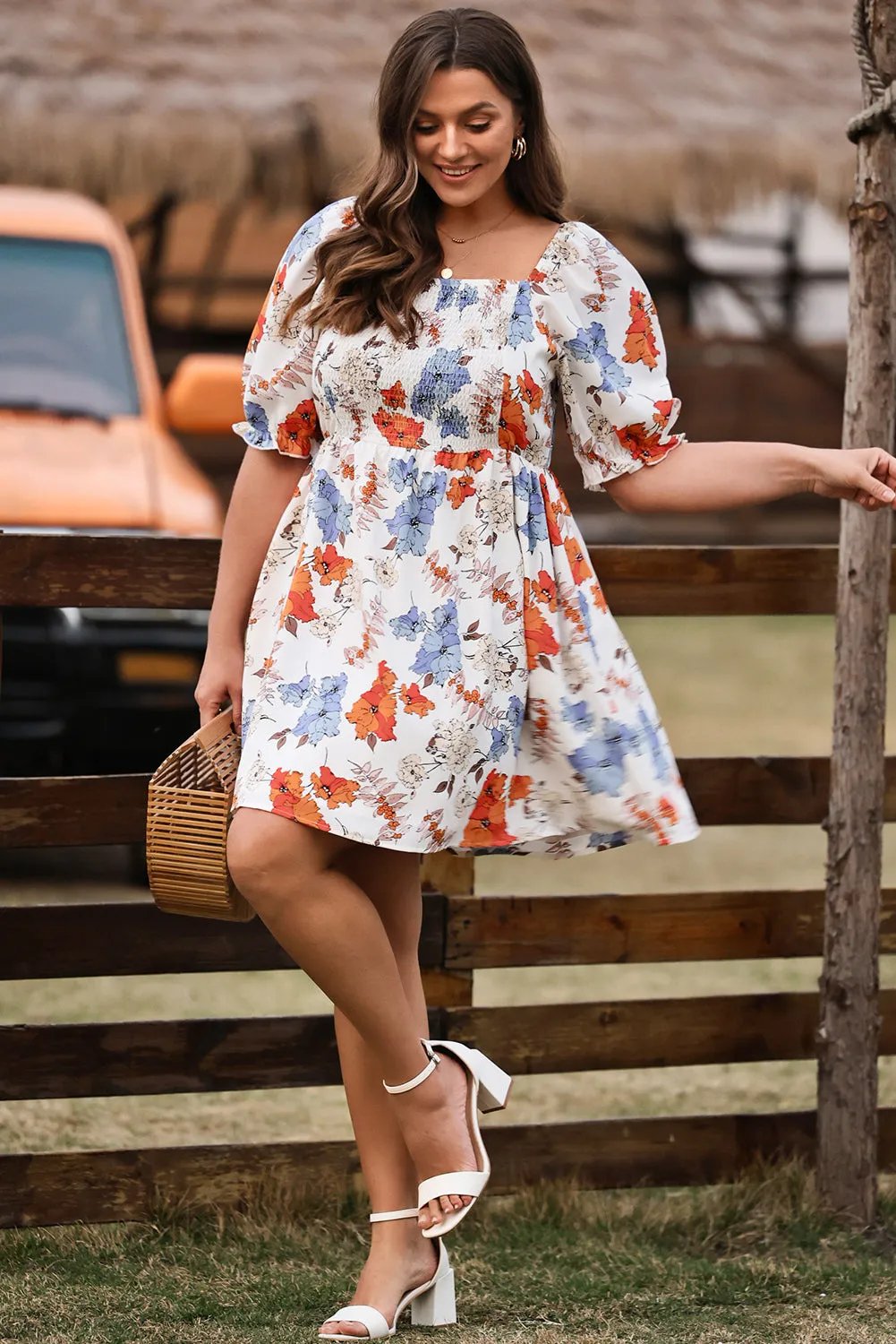 White Floral Smocked Flared Plus Size Dress