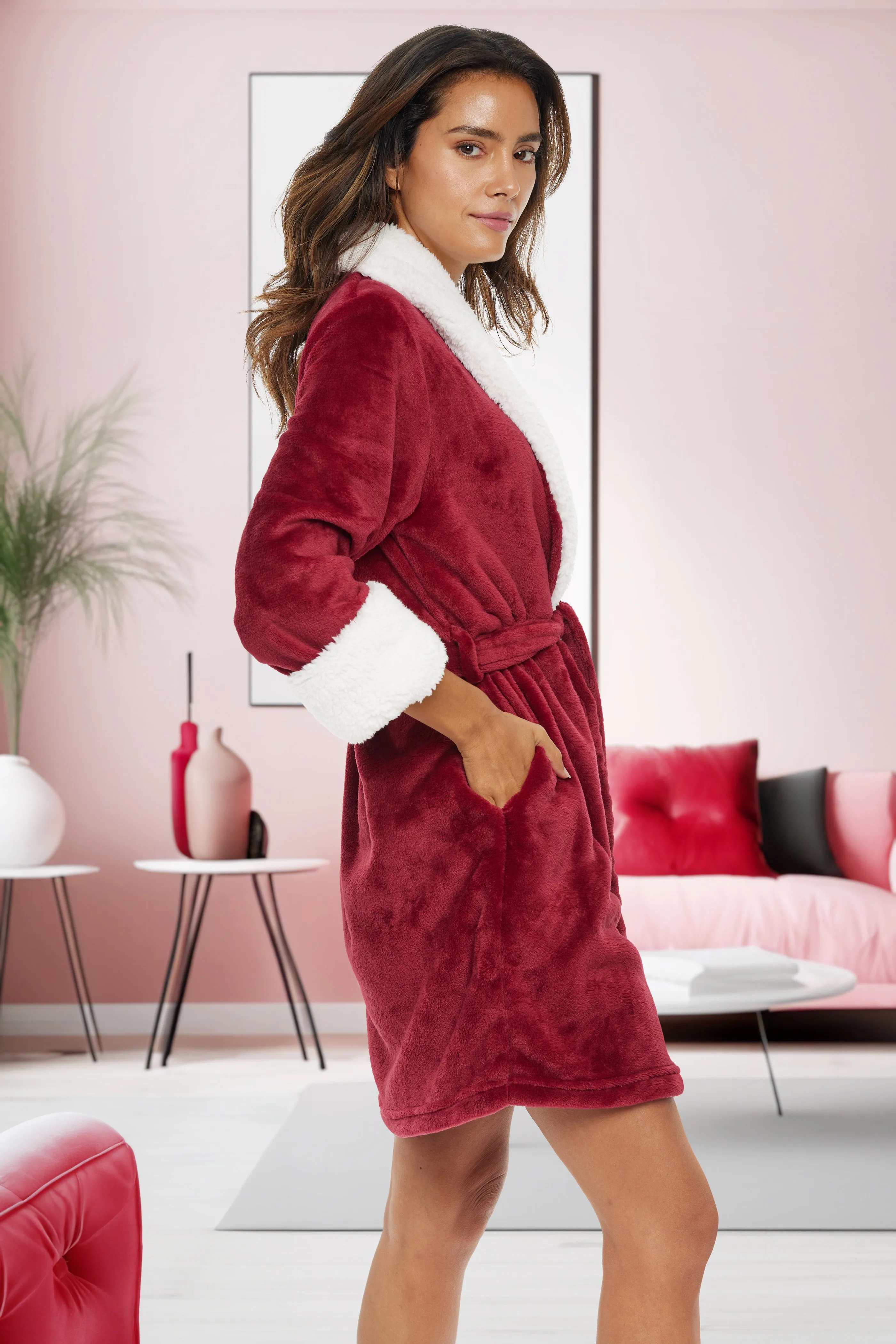 Women's Classic Plush Robe, Short Fleece Bathrobe Solids